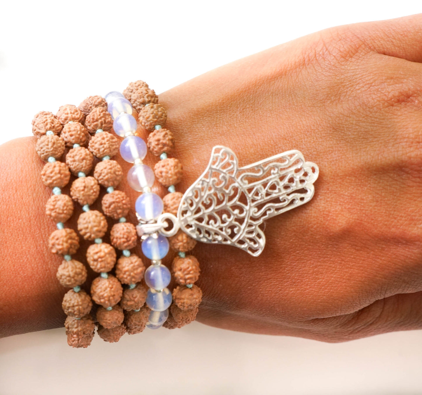 Mala: silver plated hamsa + moonstone
