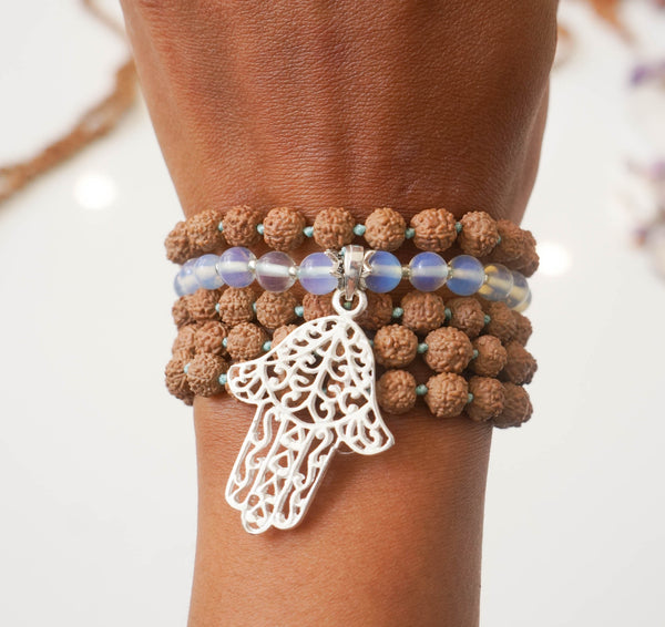 Mala: silver plated hamsa + moonstone